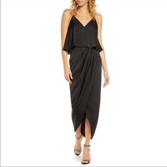 Shona Joy Black Luxe Frill Tulip Hem Maxi Dress in Onyx 10 - Picture 1 of 6